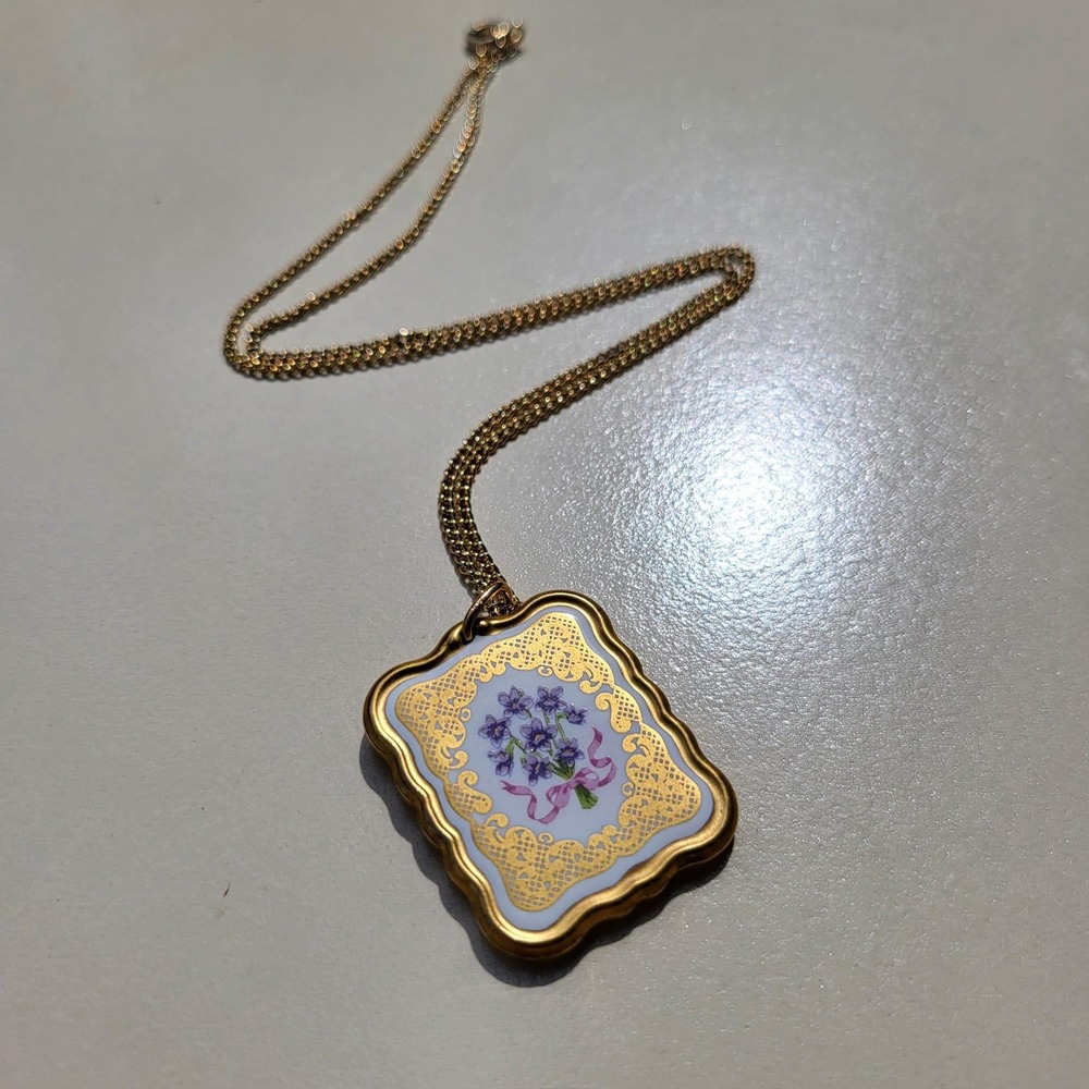 Vintage Porcelain Pendant Necklace Gold Purple Violet Floral Filigree